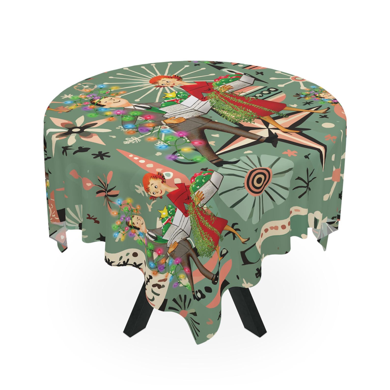 Century Textile & Sewing Supply Hours - Retro 1950s Kitsch Christmas Square Tablecloth
